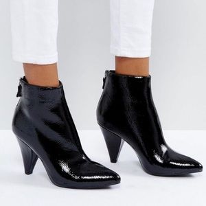 Black vegan patent leather pointy ankle boot heel